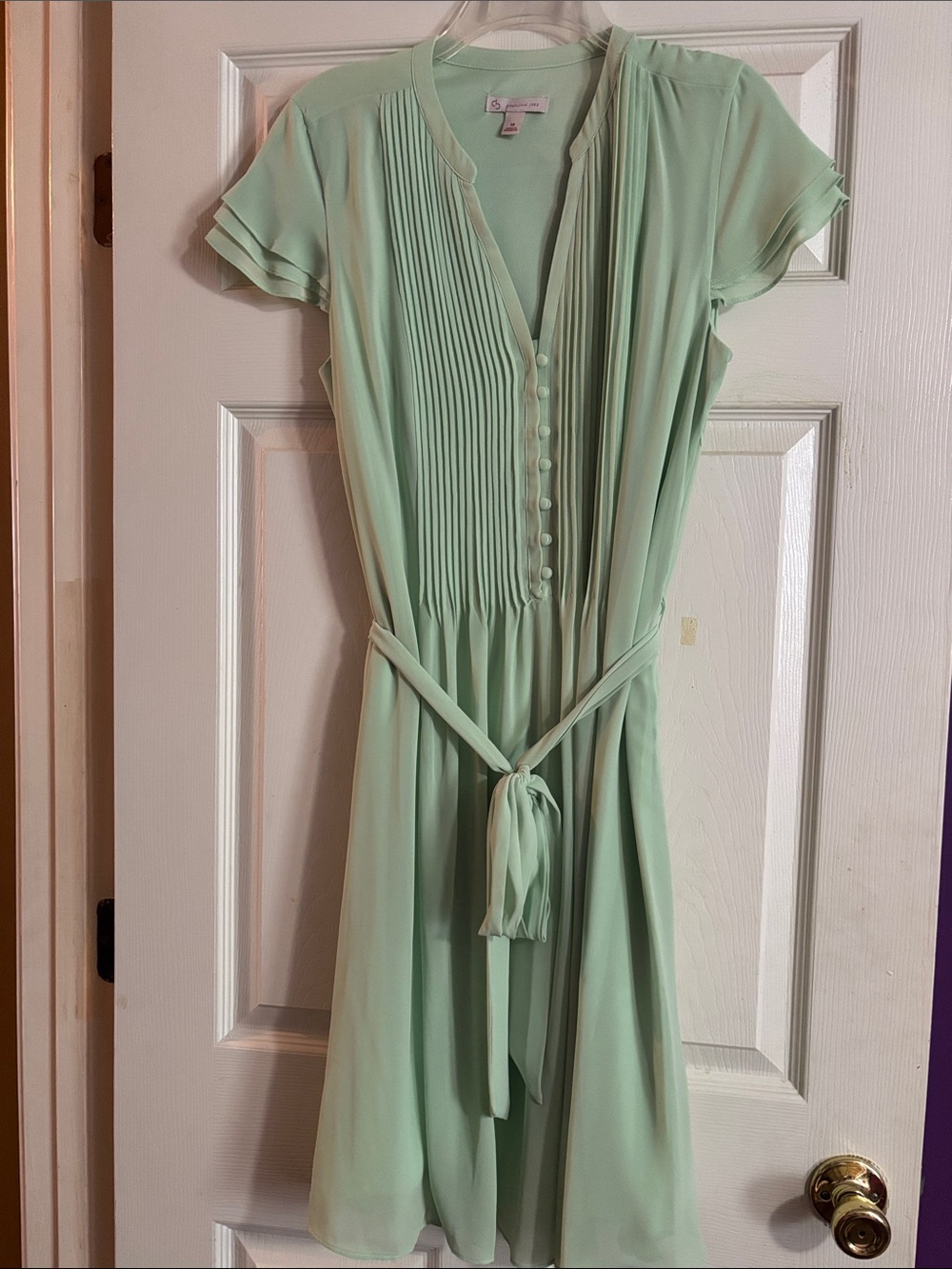dressbarn Mint Green Pleated Button-Front Tie Waist Dress